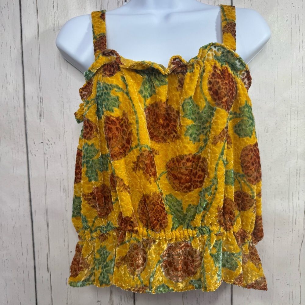 Anthropologie Yellow Floral Textured Ruffle Cami Top Boho Retro Summer Size L